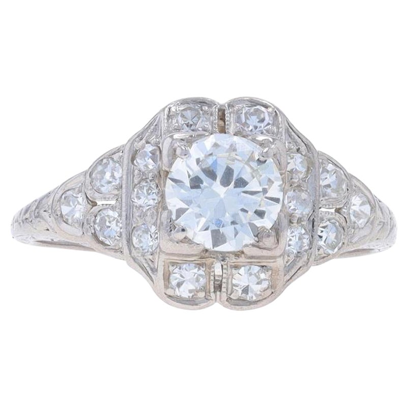 Platinum Diamond Art Deco Ring - 900 Transitional Cut Round .98ctw GIA Vintage For Sale