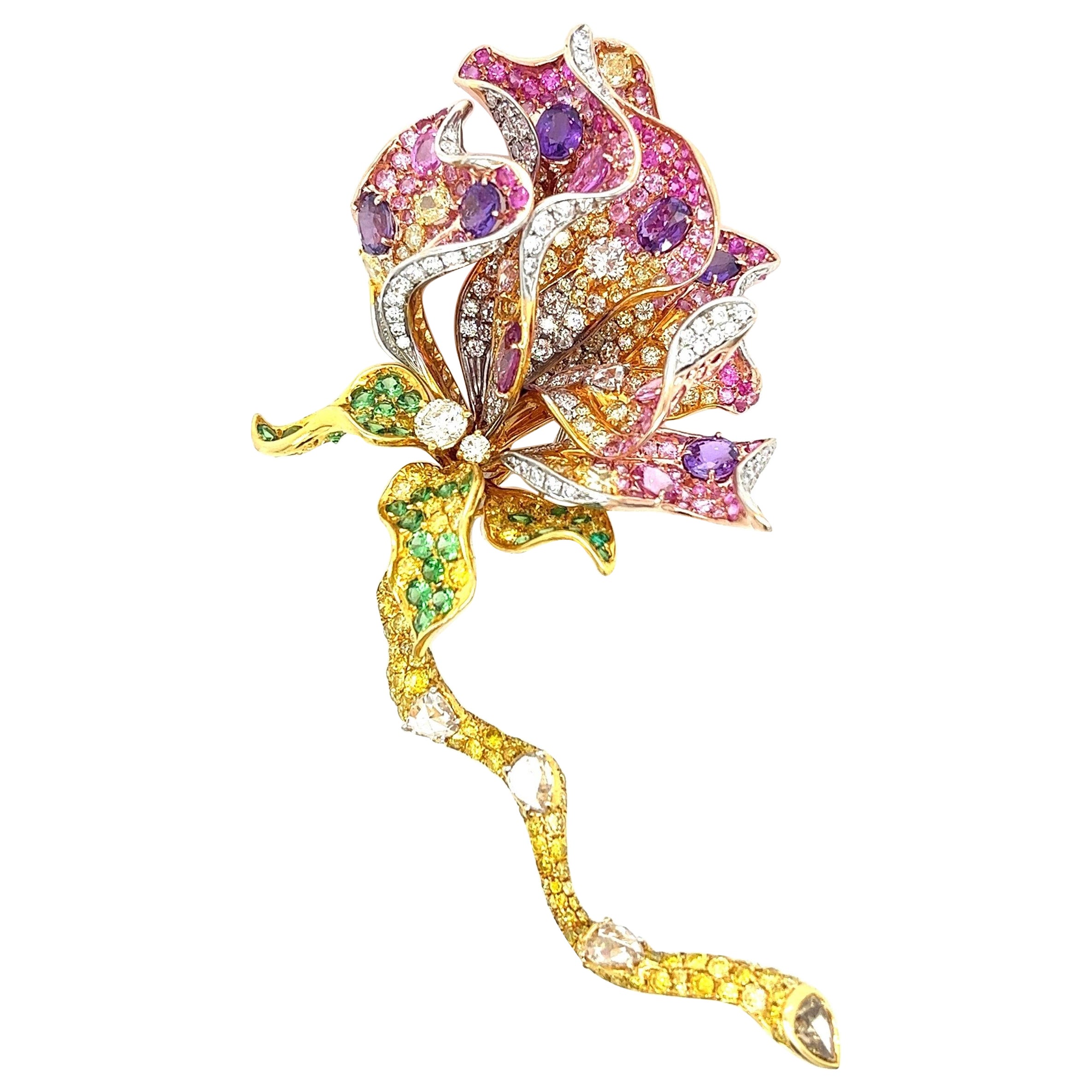 18K White Gold Flower Sapphire Brooch with Diamonds & Green Garnets For Sale