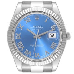 Rolex Datejust II Steel White Gold Blue Roman Dial Mens Watch 116334 Box Card
