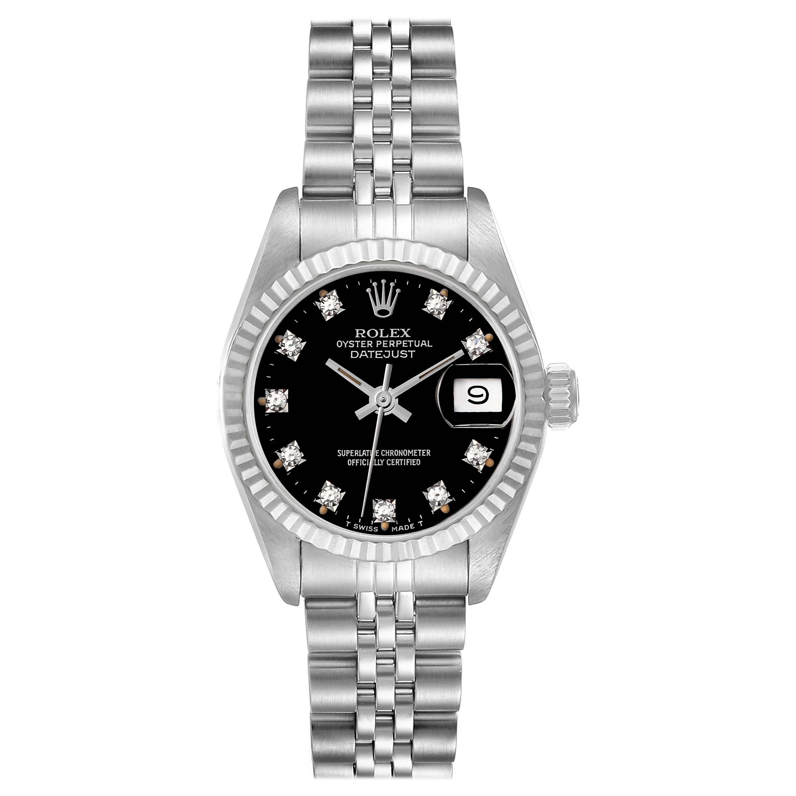 Rolex Datejust Steel White Gold Black Diamond Dial Ladies Watch 69174 Box Papers