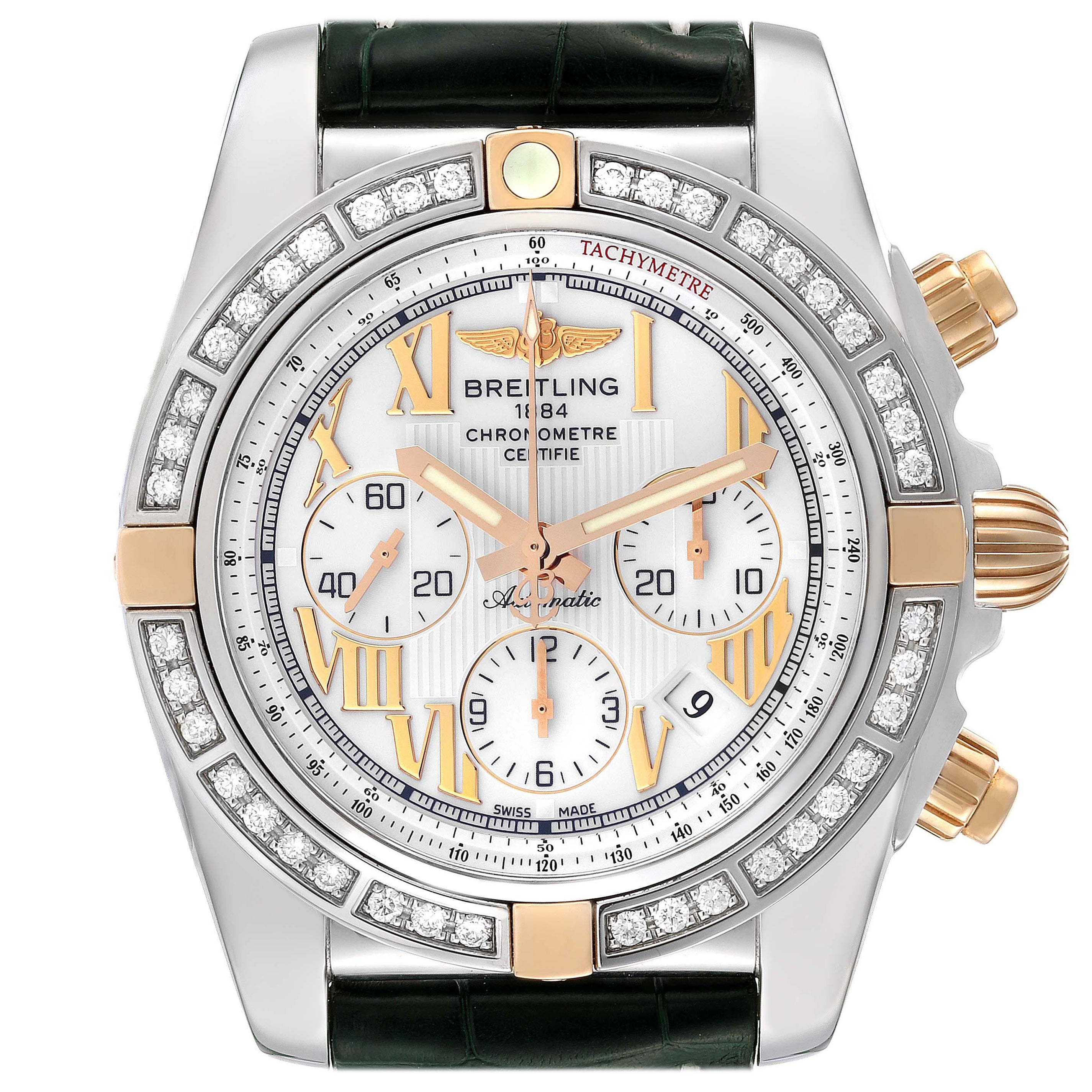Breitling Chronomat White Dial Steel Rose Gold Diamond Mens Watch IB0110 For Sale