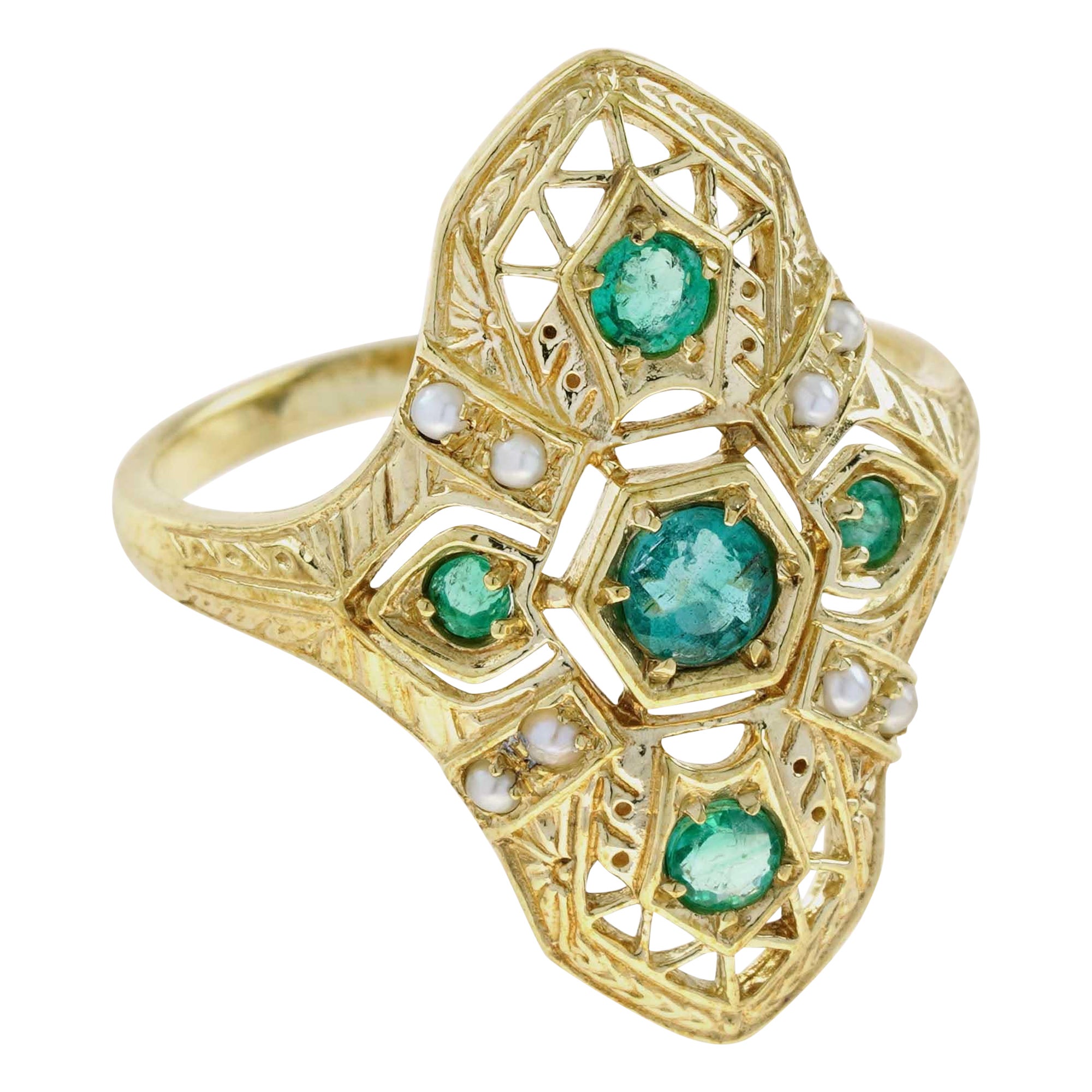 For Sale:  Natural Emerald and Pearl Art deco Style Geometric Three Stone Ring in 9K Gold