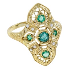 Natural Emerald and Pearl Art deco Style Geometric Three Stone Ring in 9K Gold