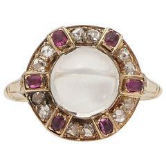 Victorian Moonstone, Rose Cut Diamond, & Ruby Ring in 18k Yellow Gold
