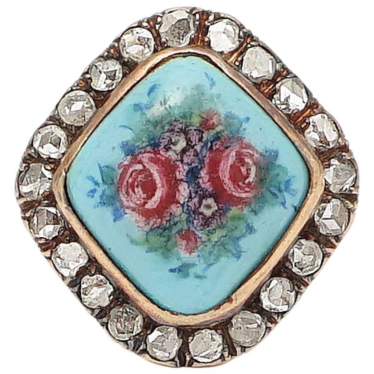 Art Nouveau Rose Cut Diamond & Floral Enamel Ring in Yellow Gold
