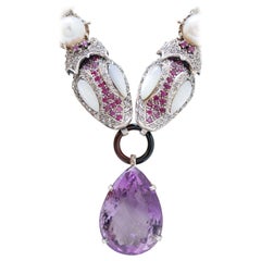 Vintage Amethyst, Rubies, Pearls, White Stones, Diamonds, Rose Gold and Silver Necklace.