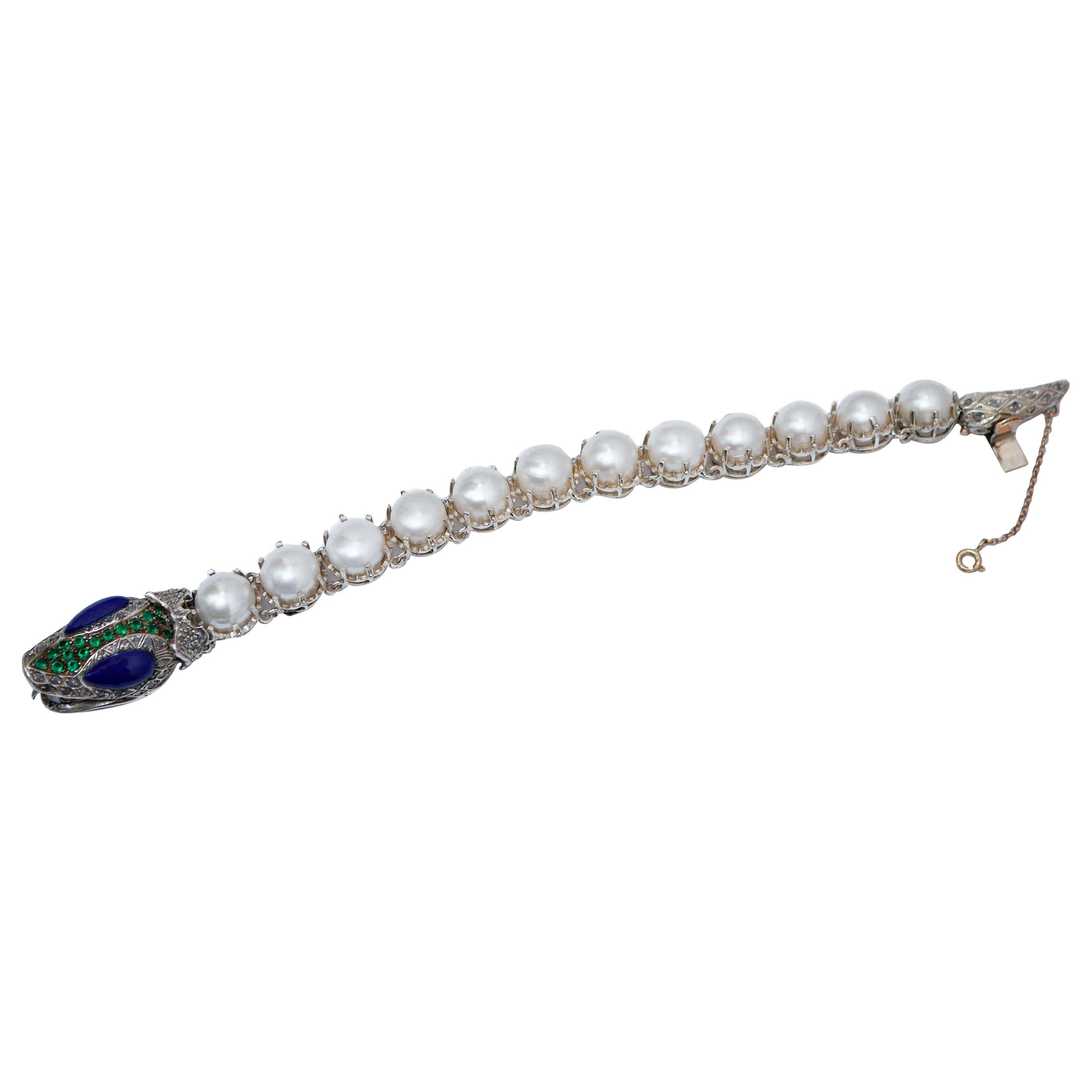 Hydrothermal Spinel, Diamonds, Pearls, Lapis, Rose Gold and Silver  Bracelet. For Sale