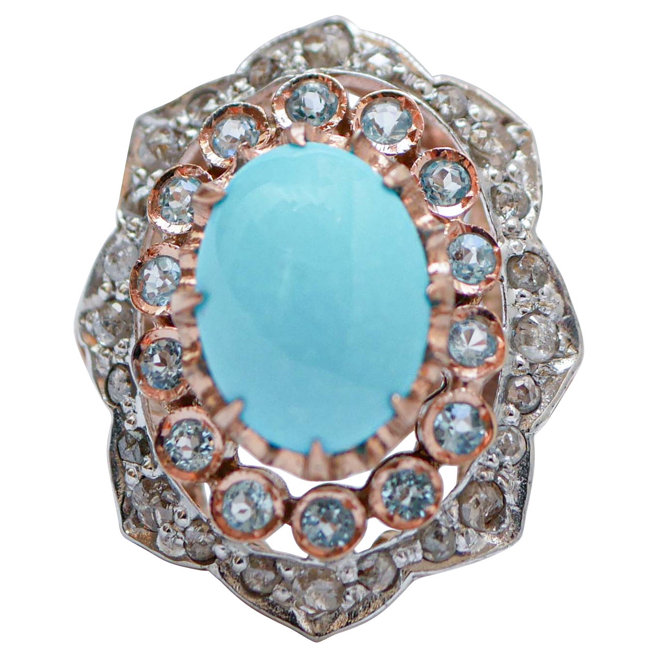 Turquoise, Aquamarine, Diamonds, 14 Karat Rose Gold and Silver Ring. For Sale