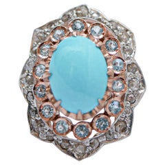 Vintage Turquoise, Aquamarine, Diamonds, 14 Karat Rose Gold and Silver Ring.
