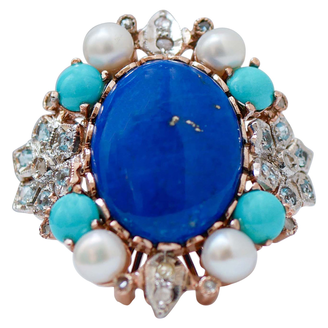 Aquamarine Colour Topaz, Lapis, Turquoise, Diamonds, Pearl Gold and Silver Ring 