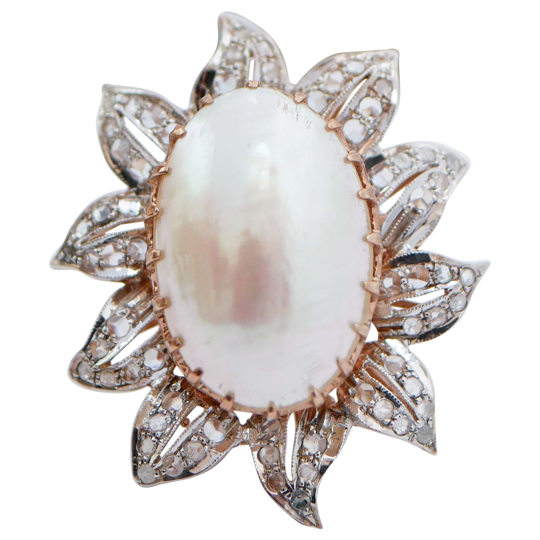 Mabè Pearl, Diamonds, Rose Gold and Silver Flower Ring. For Sale