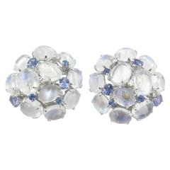 A Pair of Moonstone, Sapphire and Diamond Earrings.
