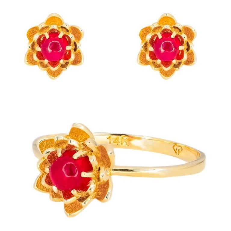 Lotus-Blumenschmuck-Set: Ring und Ohrringe aus 14k Gold.