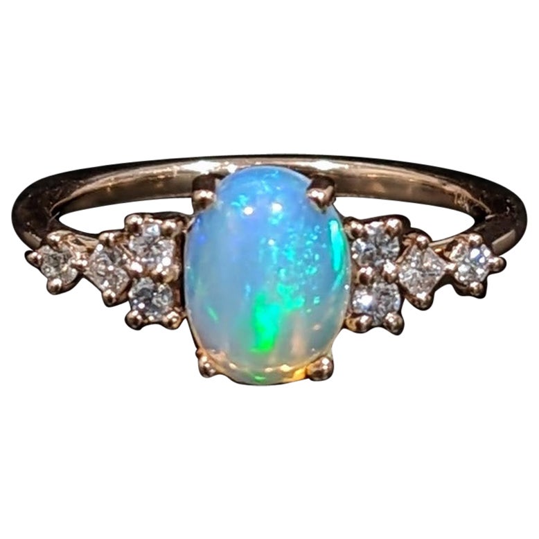 Opal Ring with Natural Diamond Accents in Solid 14k Rose Gold Oval 8x6mm For Sale