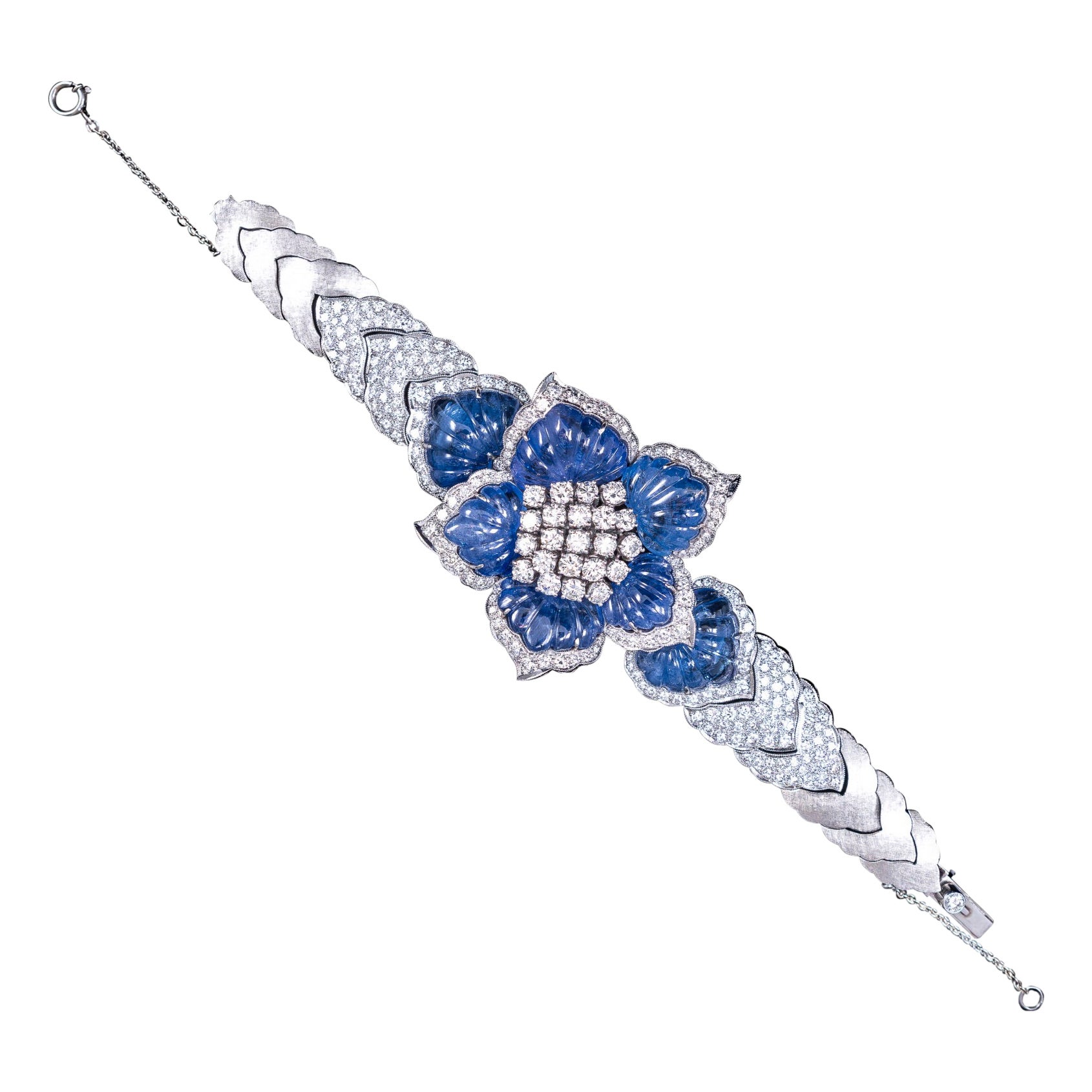 Mid-Century 100 Carat Color-Change Sapphire 11 Carat Diamond Flower Bracelet