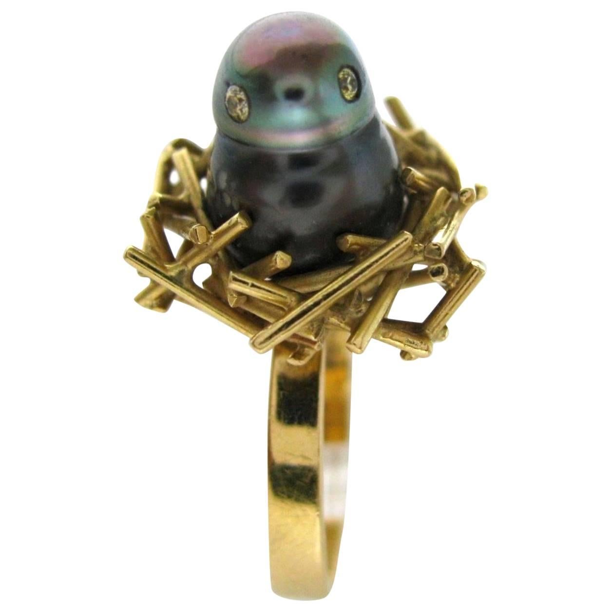 Andrew Grima Pearl Diamond Gold Chick Ring