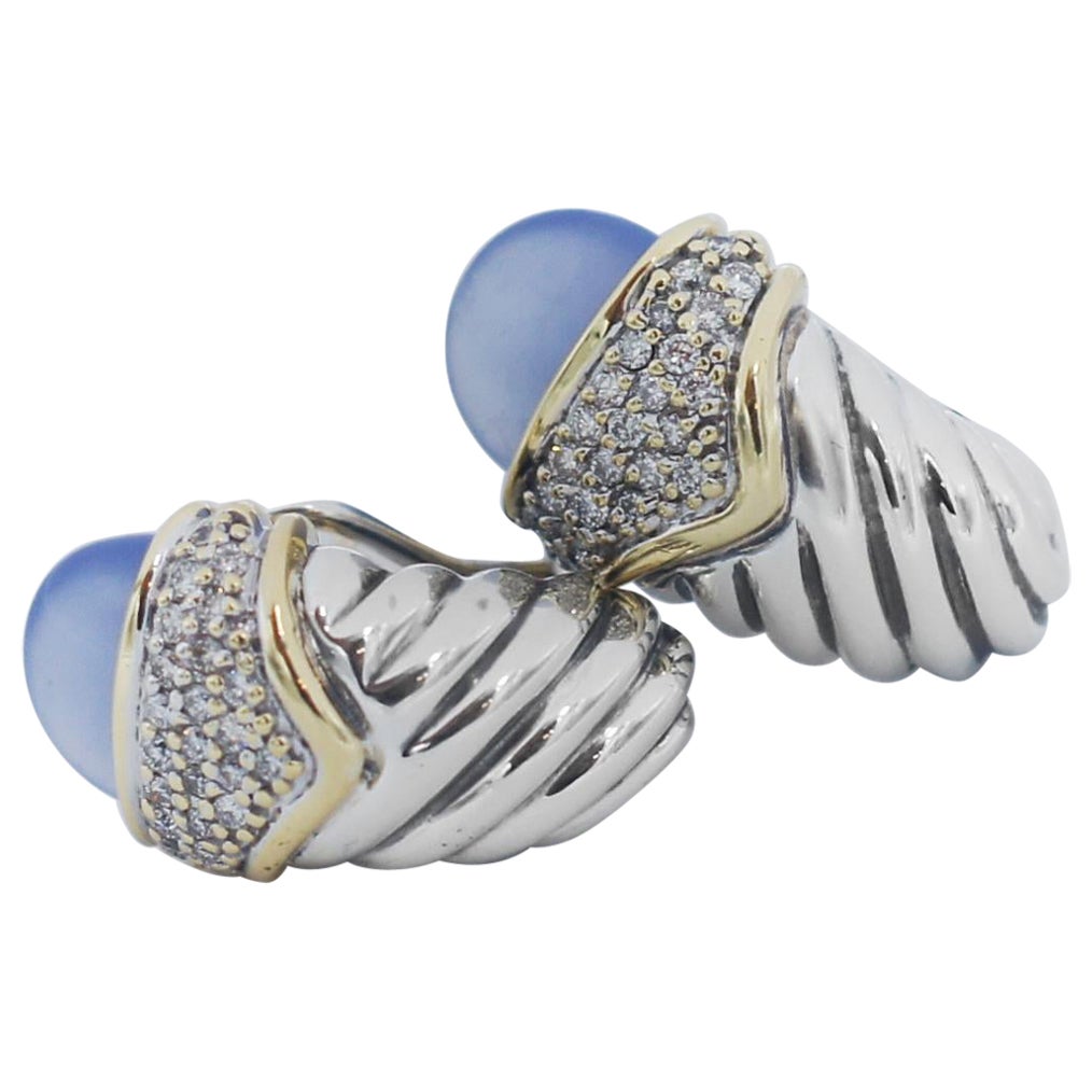 David Yurman 925 Silver 18k Chalcedony Diamond Waverly Shrimp Earrings For Sale