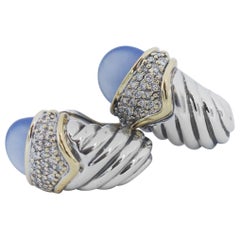 Used David Yurman 925 Silver 18k Chalcedony Diamond Waverly Shrimp Earrings
