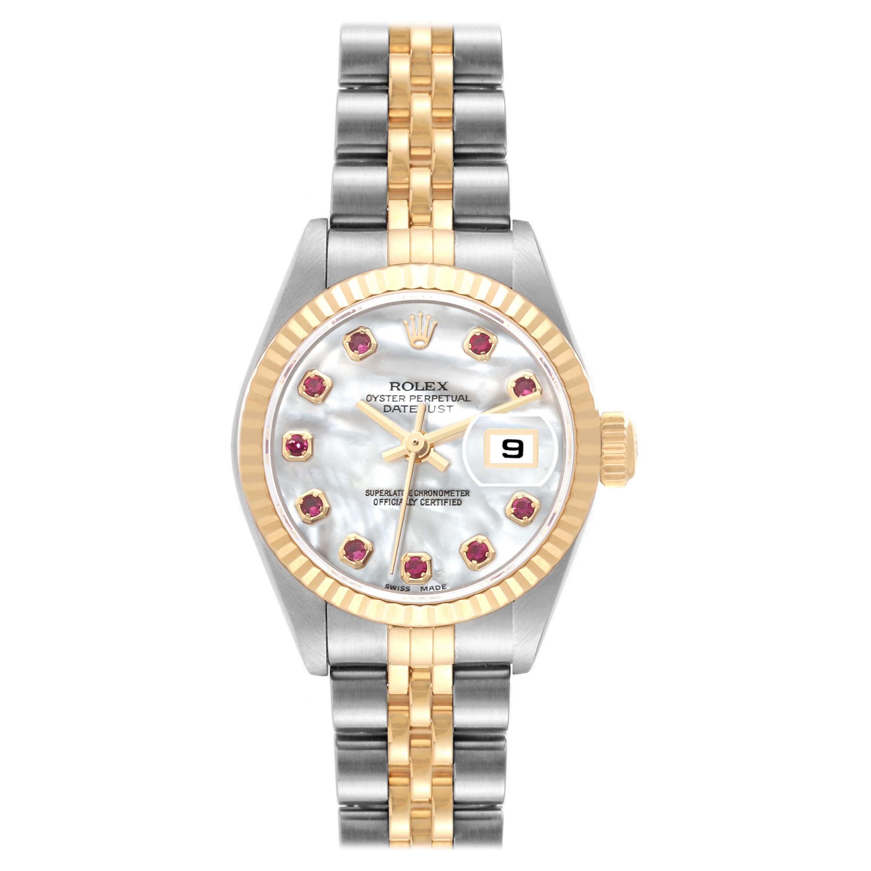 Rolex Datejust Steel Yellow Gold Mother Of Pearl Ruby Dial Ladies Watch 79173 For Sale