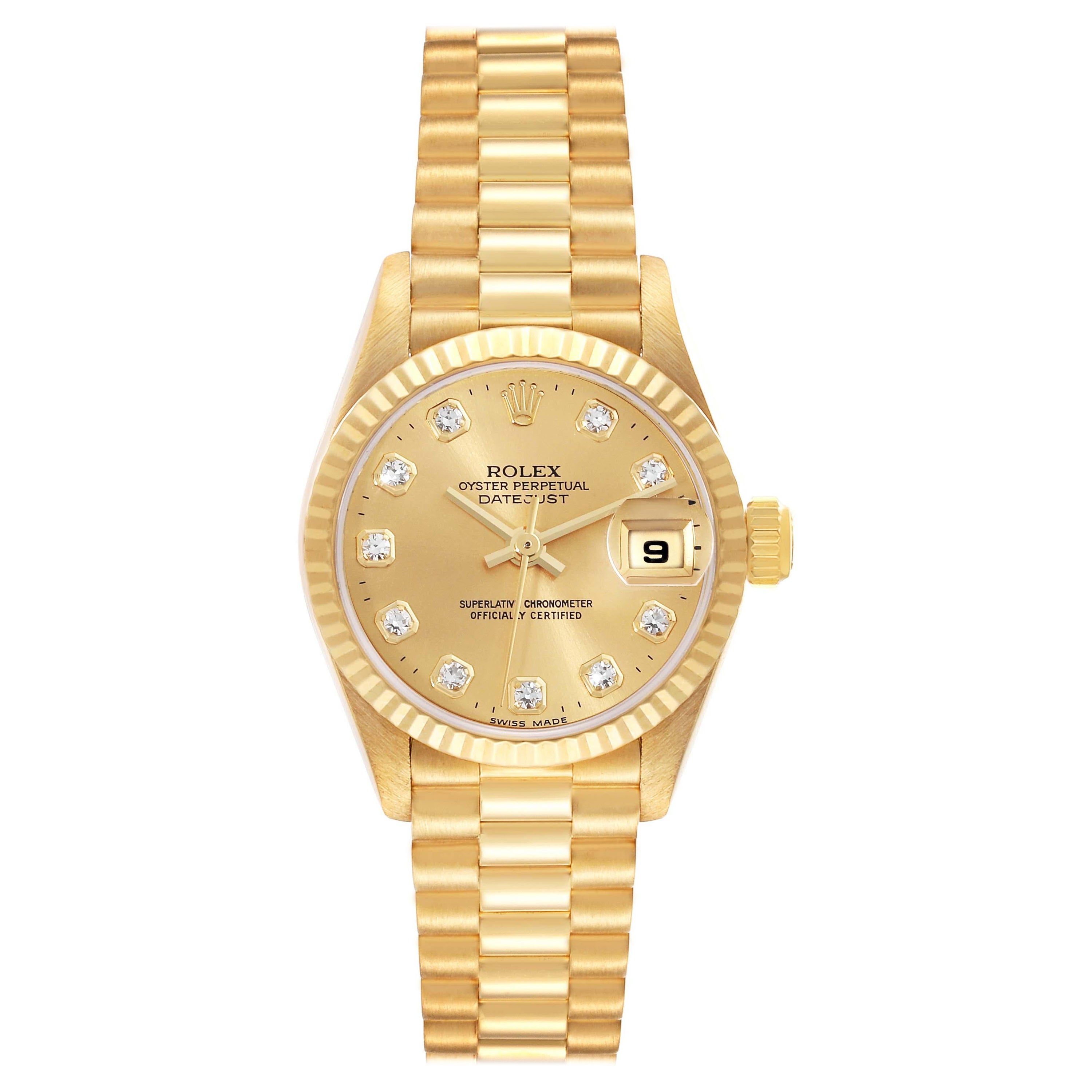 Rolex President Yellow Gold String Dial Diamond Ruby Ladies Watch 69068 ...