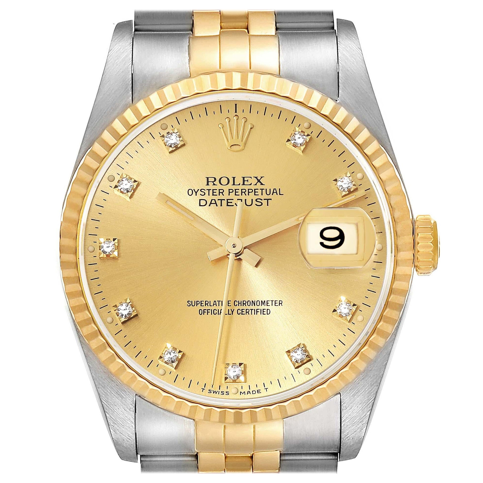 Rolex Datejust Diamond Dial Steel Yellow Gold Mens Watch 16233 Box Papers