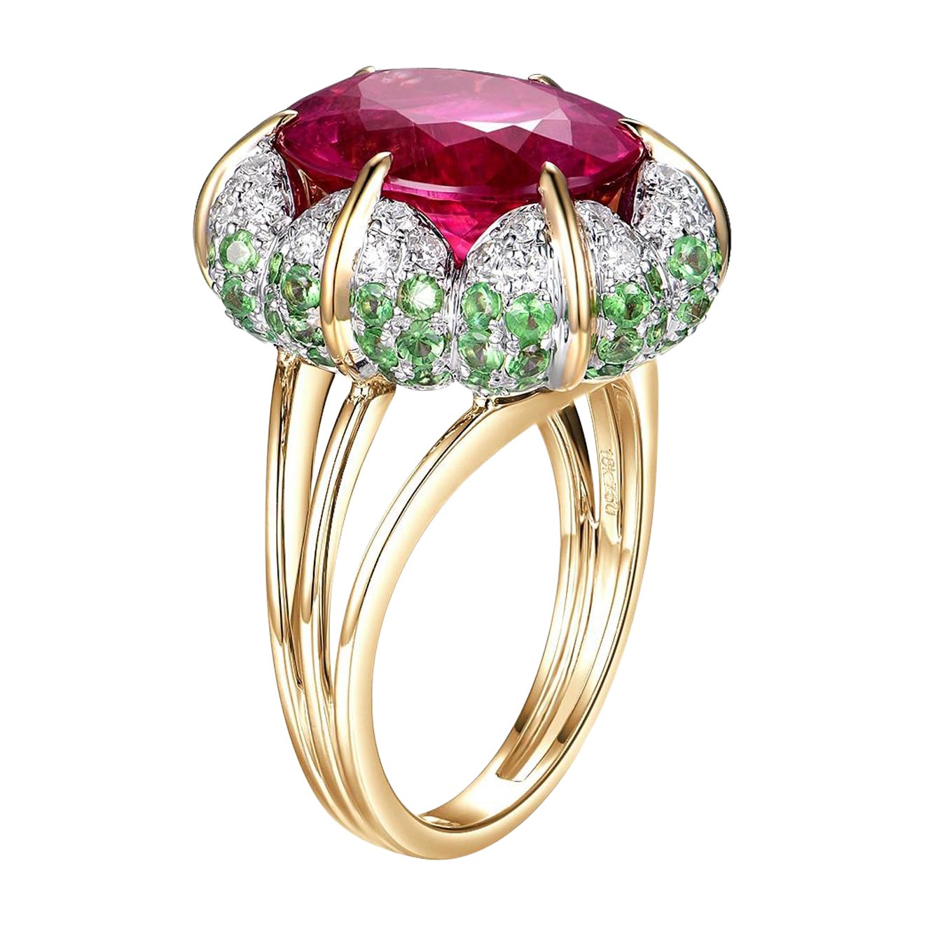 Elegant 6.18 Carat Oval Cut Rubellite and Diamond Ring in 18K Yellow Gold