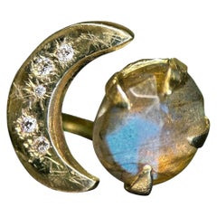 Starry Night Moon Crescent Ring with Diamonds and a Labradorite in Gold in stock