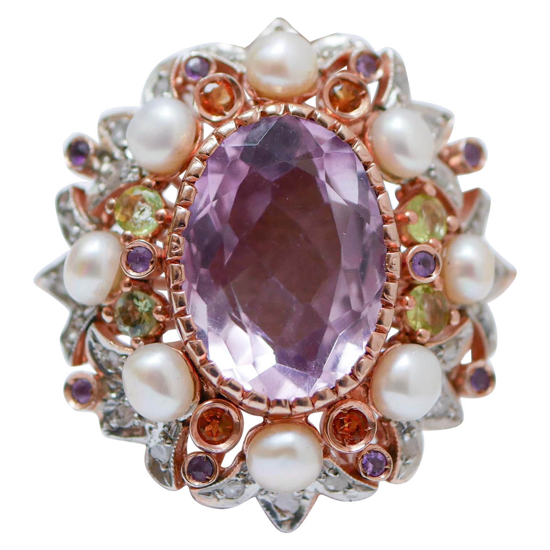 Amethysts, Peridots, Topazs, Diamonds, Pearls, 14 Kt Rose Gold and Silver Ring. For Sale