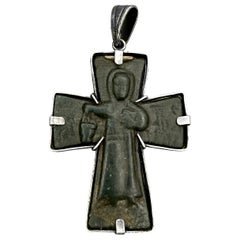 Antique Ancient Roman Byzantine Bronze Cross Pendant Necklace Helena Holy Water 700 AD