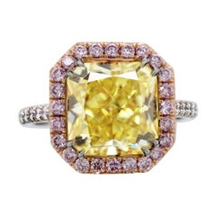 5+ Carat GIA Fancy Vivid Diamonds Radiant Yellow Engagement Ring Pink Diamond 18k