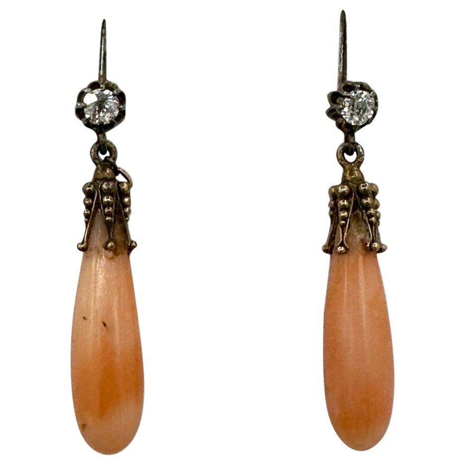 Victorian Coral Old Mine Diamond Earrings Dangle Drop Antique Etruscan 14K Gold For Sale