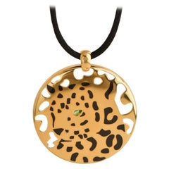 Cartier Yellow Gold Enamel Tsavorite Panthere Pendant Cord Necklace
