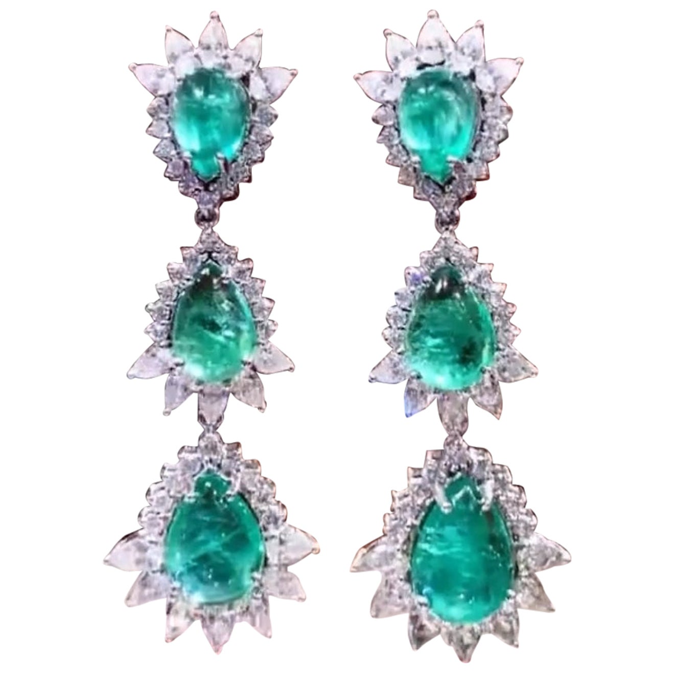 AIG Certified 17.50 Carats Zambian Emeralds  6.16 Ct Diamonds 18K Gold Earrings  For Sale
