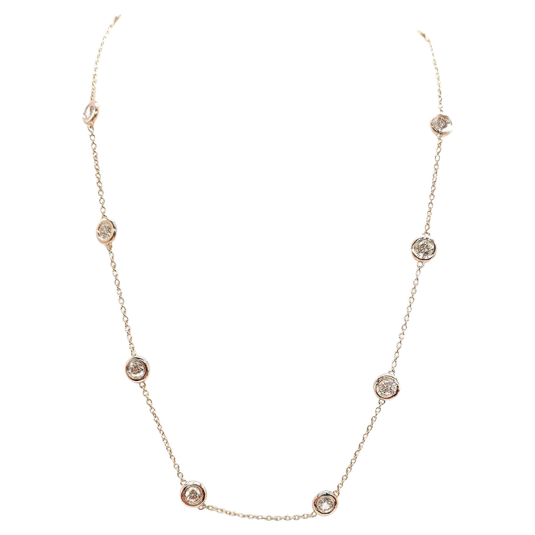 2.70 Carat 10 Station Diamond by the Yard Necklace 14 Karat Rose
