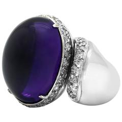 14k White Gold 15.45ct Amethyst Cabochon Ring with Diamond