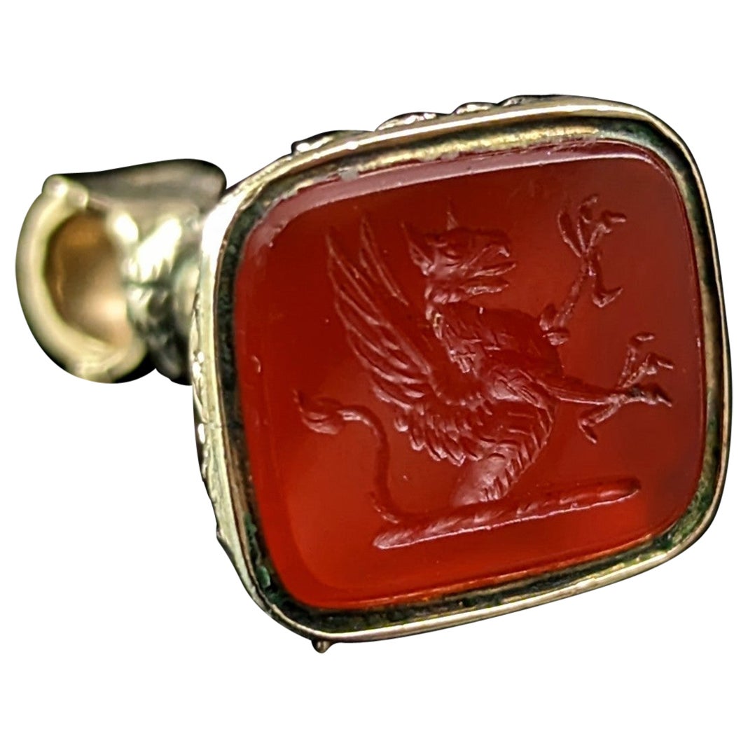 Antique Victorian seal fob pendant, Carnelian, 9k gold, Griffin 