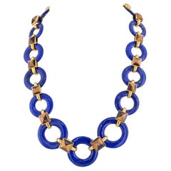 Aldo Cipullo, collier carré œil de tigre en or jaune 18 carats avec disques en lapis-lazuli