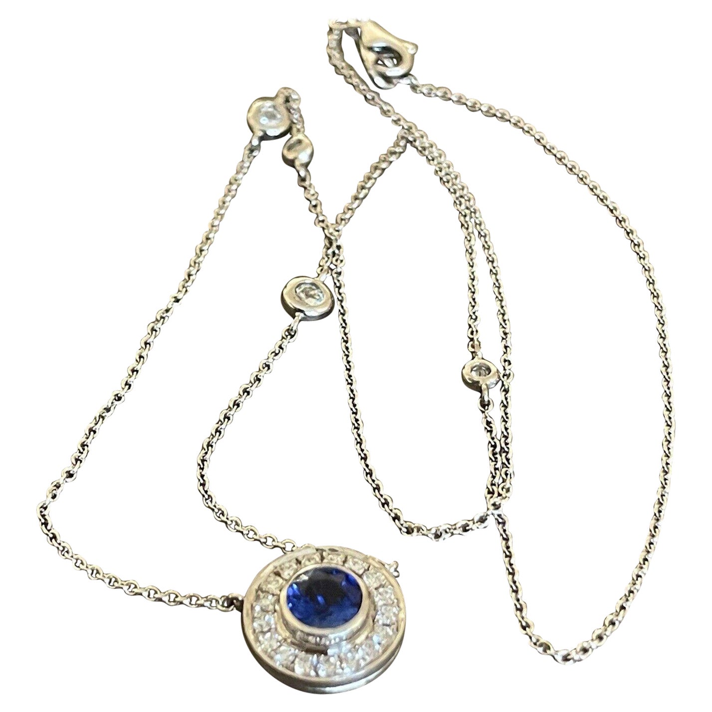 18ct White Gold Diamond Sapphire Necklace 0.70ct Round Halo Pendant By Yard 1ct For Sale