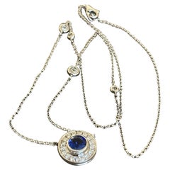 18ct White Gold Diamond Sapphire Necklace 0.70ct Round Halo Pendant By Yard 1ct