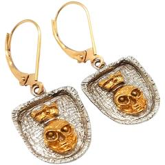 Two Tone 14k Gold Skull Disc Drop Earrings