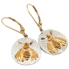 Two Tone 14k Gold Bee Disc Drop Earrings
