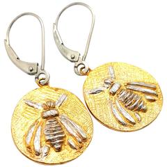 Two Tone 14k Gold Big Bee Disc Drop Earrings
