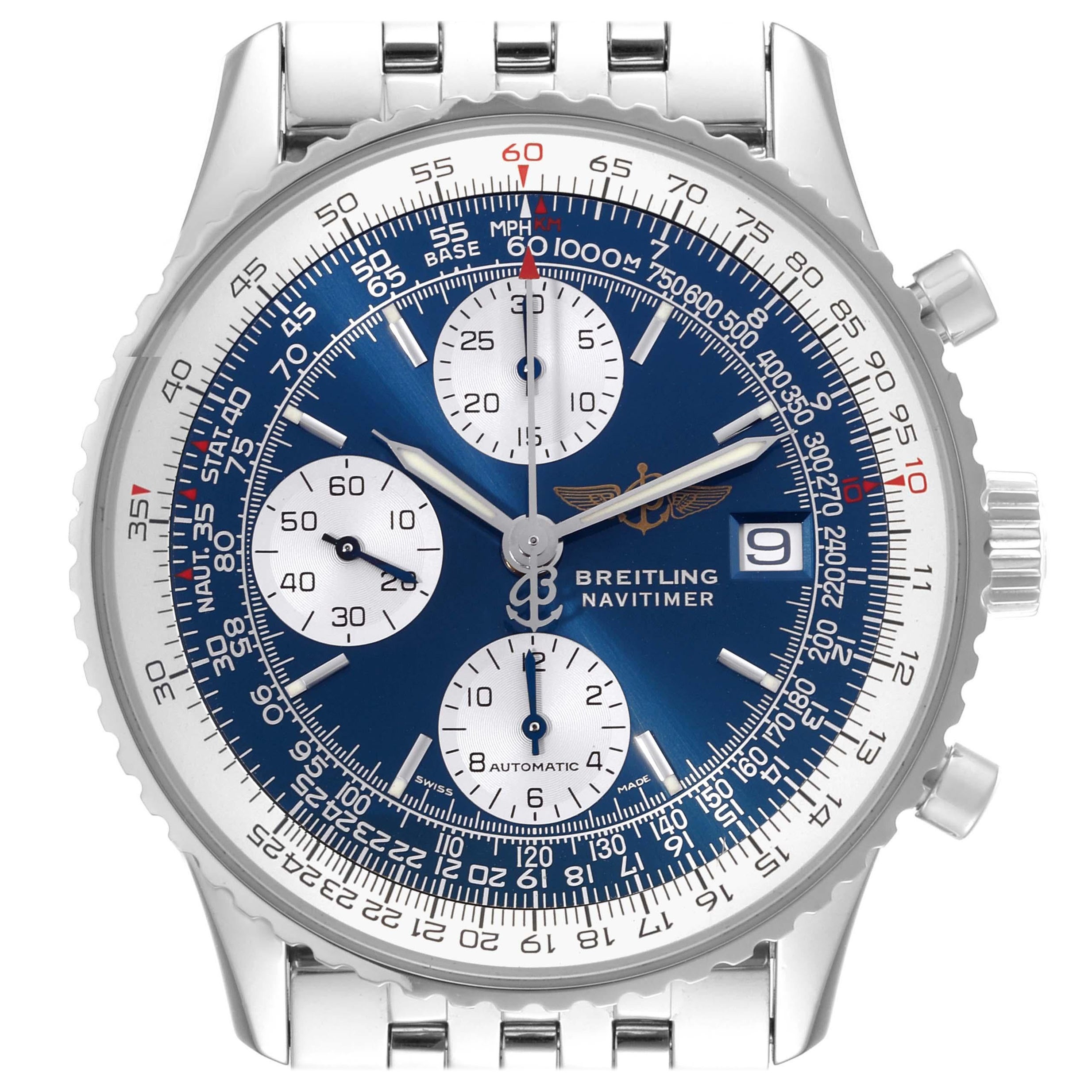Breitling Navitimer II Blue Dial Chronograph Steel Mens Watch A13322 Box Papers