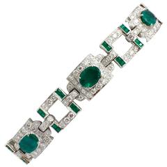 18k White Gold, Art Deco Emerald and Diamond Bracelet, 5.65cttw Diamond and 6.60
