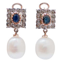 White Pearls, Sapphires, Diamonds, Rose Gold and Silver Dangle Earrings.