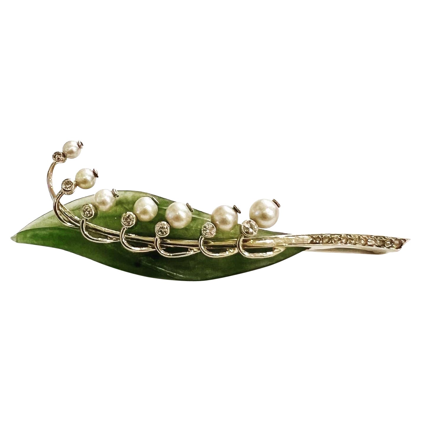 1950s Austrian Nephrite jade 14K Gold Diamonds Pearls Lily of the Valley Brooch For Sale