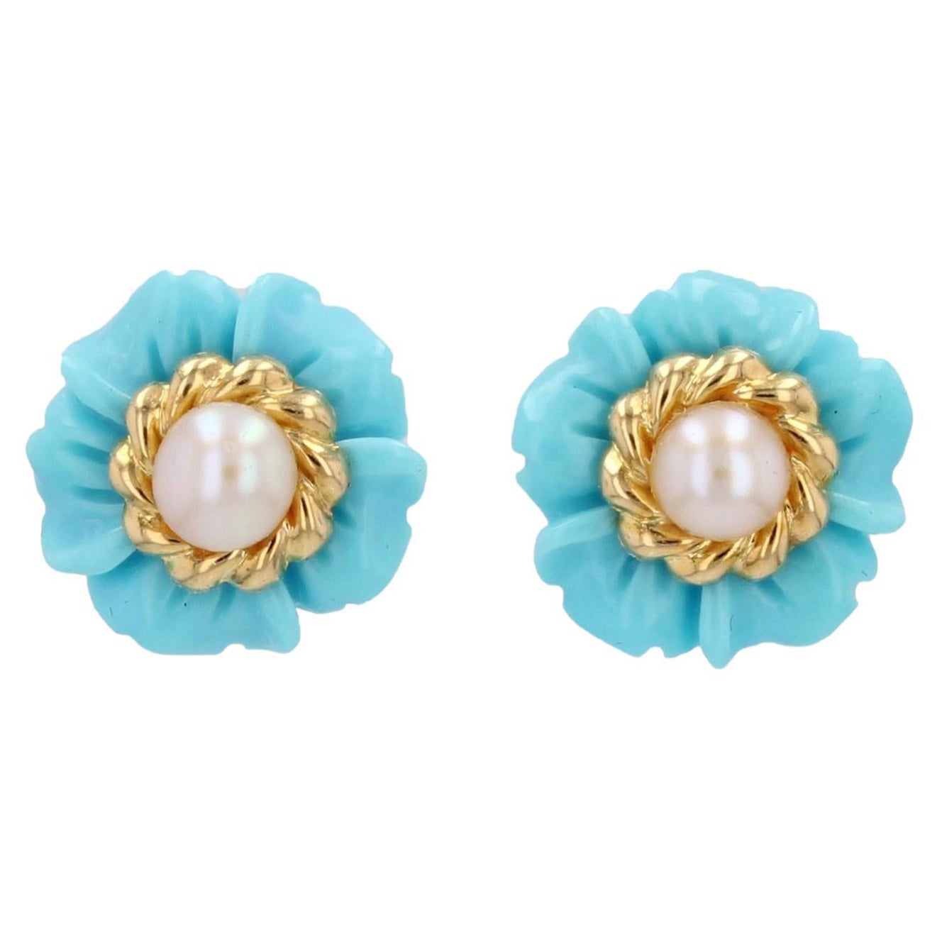 1960s Turquoise Cultured Pearl 18 Karat Yellow Gold Flower Stud Earrings For Sale