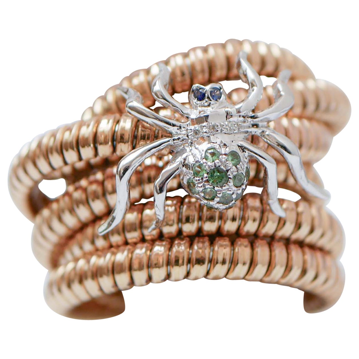 Tsavorite, Sapphires, Diamonds, 14 Karat Rose Gold and White Gold Tubogas Ring For Sale