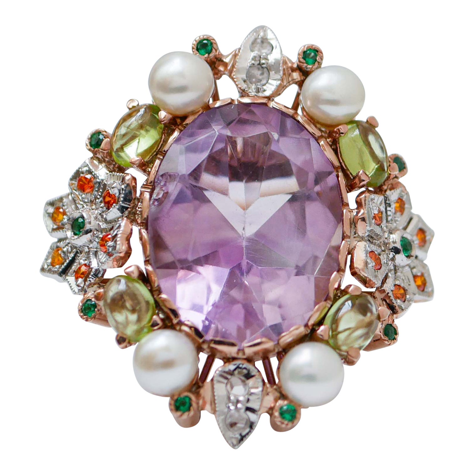 Amethyst, Peridots, Pearls, Stones,  Diamonds, Rose Gold and Silver  Ring. For Sale