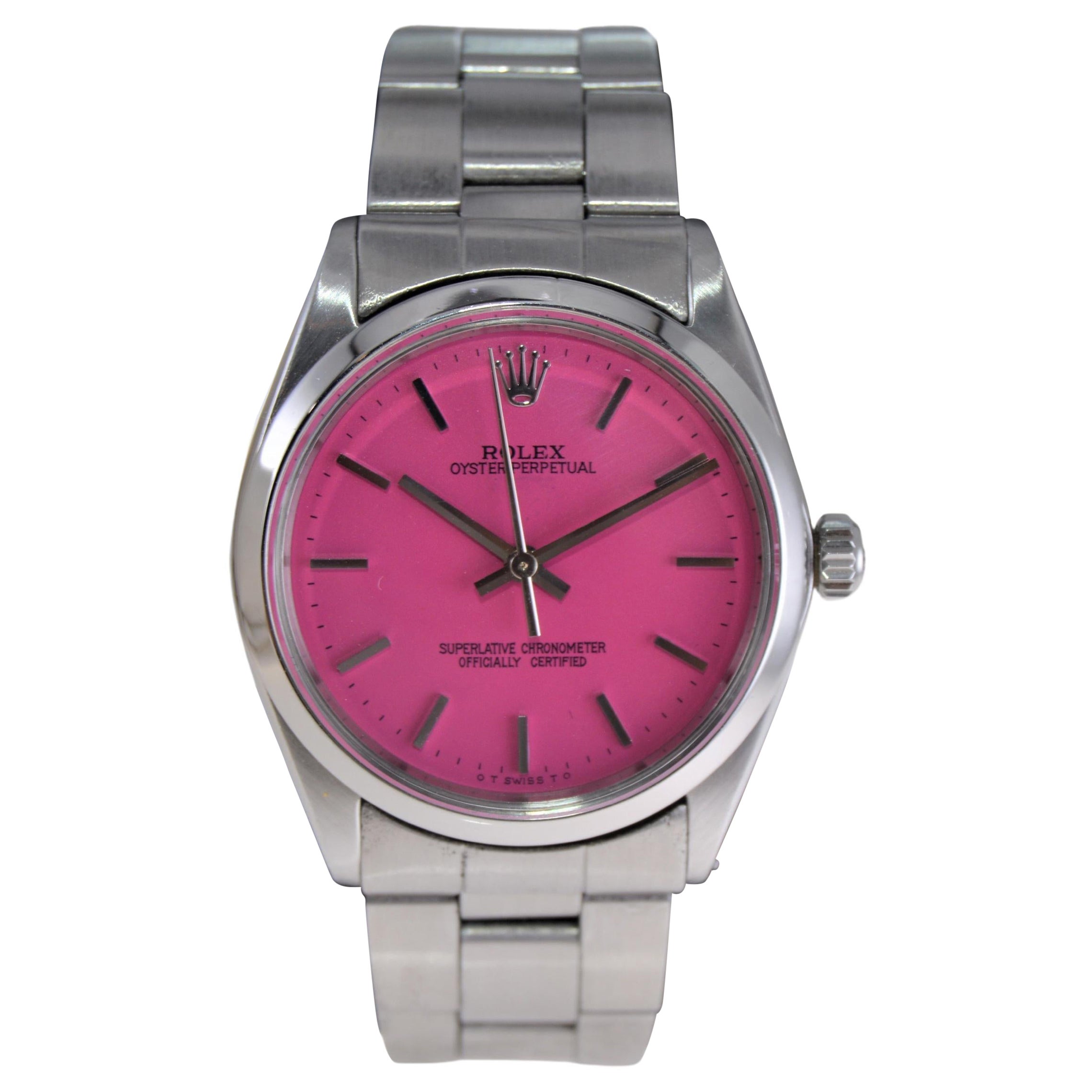 Rolex Stainless Steel Oyster Perpetual with Custom Hot Pink Dial, 1960s For Sale